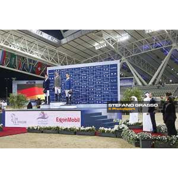 The podium of Gran Prix.Beerbaum,Ahlmann and Deusser Doha,5th march 2016 ph.©.CHI Al Shaqab/Stefano Grasso all rights reserved