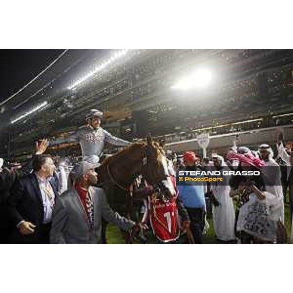 California Chrome with Victor Espinoza up and connection after winning the Dubai World Cup. Dubai - Meydan racecourse,26th march 2016 ph.Frank Sorge/Grasso